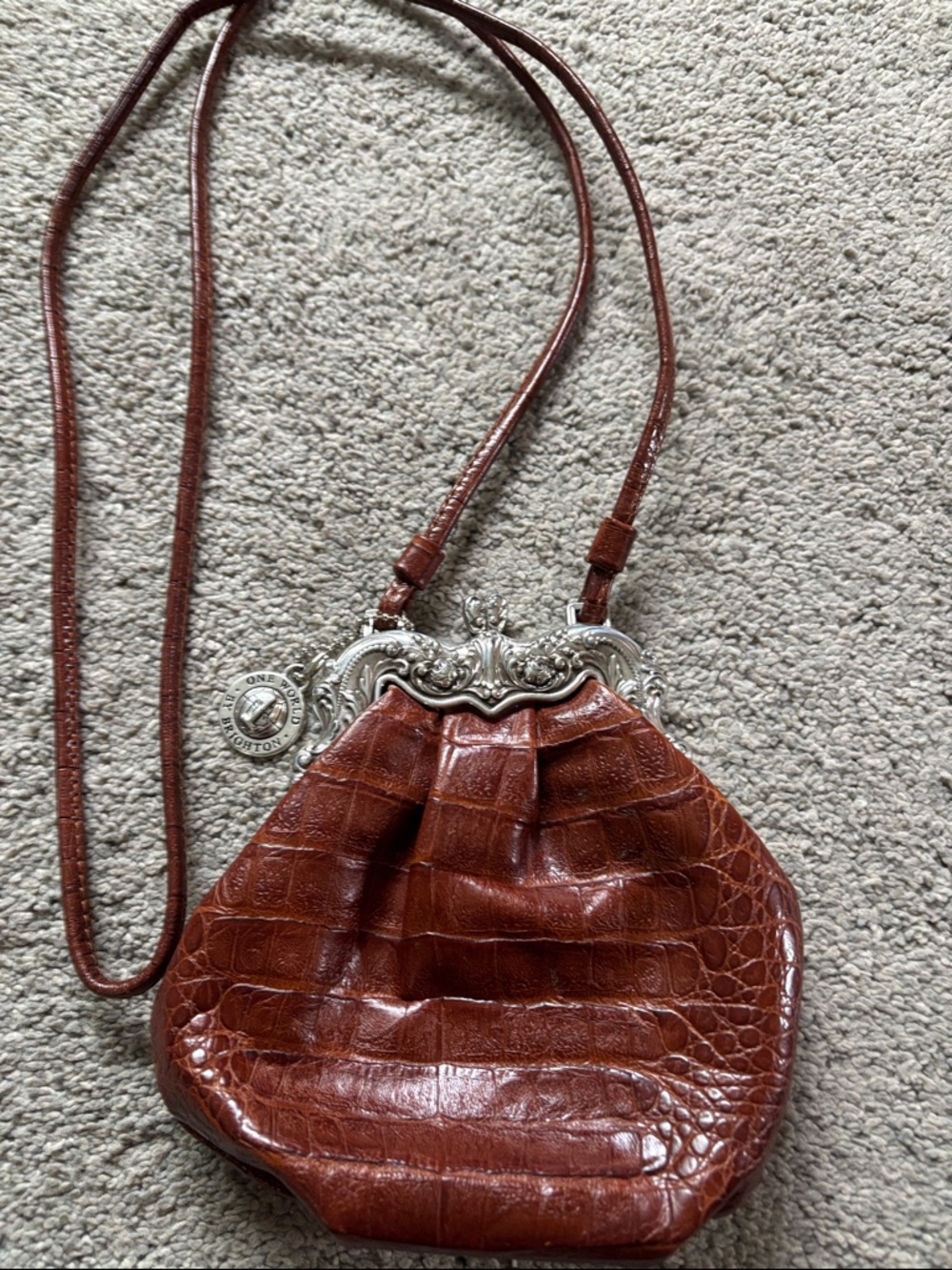 Vintage-Style Brown Croc Embossed Leather Crossbody Bag with Silver Frame